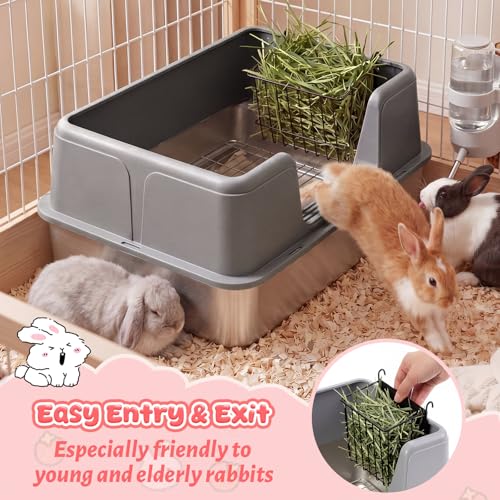 Zonon Extra Large Rabbit Litter Box, 23.6" L x 15.7" W x 12.4" H Stainless Steel Rabbit Litter Box with Lid, Hay Feeder with Hooks, Footed Metal Grid, Easy to Clean for Medium and Large Rabbits