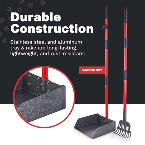Metal Pooper Scooper for Dogs with Heavy Duty Long Handle Rake & XL Tray | Rustproof Aluminum Poop Scooper for Large Dogs with 9”W 9.5”L Extra Large Tray for Yard, Grass, Dirt & Gravel - color: 2 Piece Set - X Large