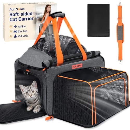 Cat Carrier Soft Sided Airline Approved for Small Pet Dog Travel | Collapsible, Top Loading, for Medium Animal Kitten Puppy Long Car Trip, Expandable Fabric Large Bag, for Kitty Under 20 lb