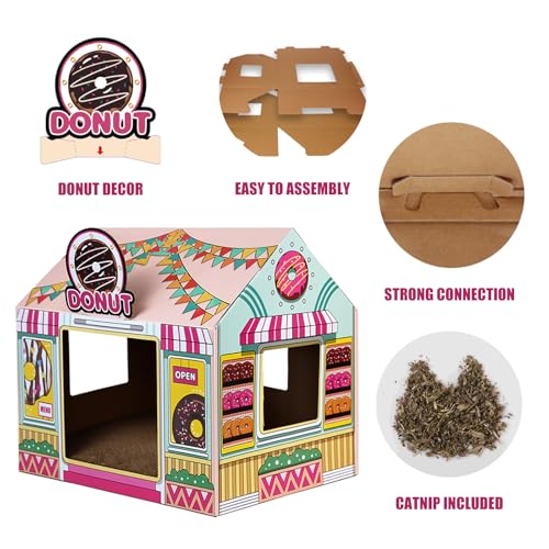 SEKAM Cardboard Cat House with Scratcher/Catnip (16.5'' x 12'' x 15''), Donut Shop for Indoor/Outdoor, Cat Scratch Box & Home Decor, Hideout for Small Animals - color: Donut Shop