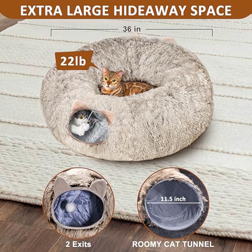 Cat Tunnel with Cat Bed for Indoor Cats, Soft Plush Peekaboo Cat Cave Donut Tunnel, Multifunctional Playground Toys Hideplace for Small Medium Large Kittens, Rabbit, Ferret, Brown - color: BROWN