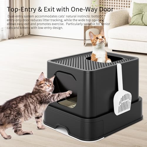 RIZZARI Stainless Steel Cat Litter: Covered, Top-Front Entry, Easy Clean | High Splash Sides / Leak-Proof Seal / Non-Stick Coating / Odor Control / Sifting Drawer / Garage-Bathroom Fit - color: Deep Black