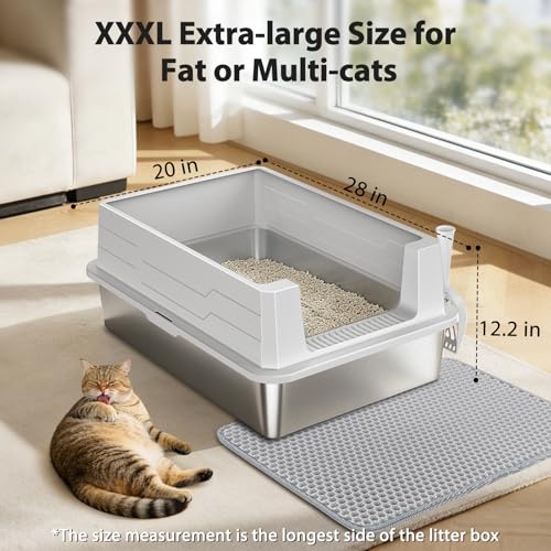 FURTIME Stainless Steel Cat Litter Box, Extra Large Cats Metal Litter Box | High-Sided Open-Top Easy-Clean Litter Pan for Multi-Cat Home, Non-Stick, Anti-Leakage, Comes with Scoop & Mat, 28"×20"×12.2" - color: Silver, size: XXX-Large