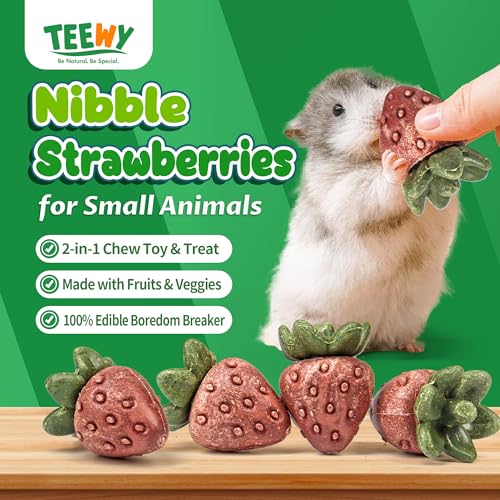 TEEWY Guinea Pig Toys, 4PCS Strawberry Shaped Hamster Toys, Natural Guinea Pig Chew Toys for Teeth Grinding, Hamster Enrichment Toys for Hamster, Gerbil, Chinchilla, Rat - style: 4PCS-Strawberry
