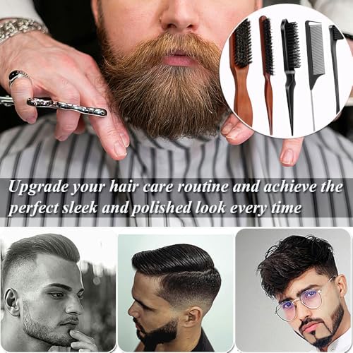 5 PCS Boar Bristle Slick Back Hair Brush Set Edge Control Brush Teasing Comb for Men Women Boar Bristle Smoothing Brushes Sleek Hair Brushes for Slicking Hair Beard (5PCS) - color: 5PCS