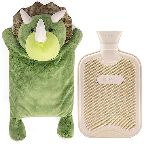 HomeTop Premium Classic Rubber Hot Water Bottle with Triceratops Cover | Natural rubber hot water bottle,Long-lasting heat retention,Snuggly all-night warmth - color: Cream White/Triceratops