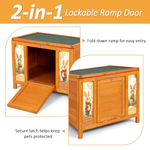 24" Outdoor Rabbit Hutch and Small Cat House for Small Animals | Openable waterproof roof, raised floor, lockable fold-down ramp door, sheltered resting area for guinea pigs, chicks and pets