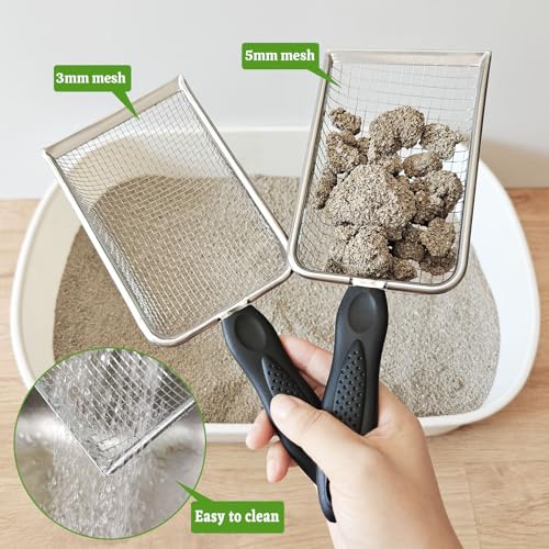 2Pcs Cat Litter Scoop Metal Stainless Steel Mesh Kitty Litter Scoop with Hook, Cat Scooper for Litter Box, Filter Small Pieces Quickly, Easy to Clean and Durable (3mm/5mm Mesh)