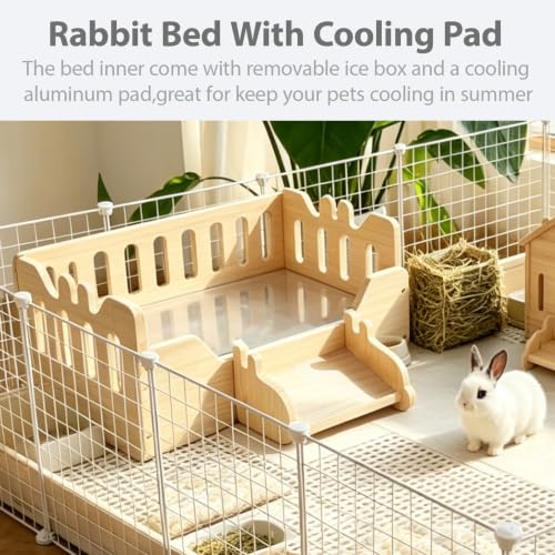 Wooden Rabbit Bed Cooling Guinea pig Bed with Aluminum Pad(Wood Color) | Guinea Pig Hideout with Ice box Bunny Bed Four Season Guinea Pig Hide Tent Solid Wood Chinchilla Cooling House for Hedgehog - color: Wood color