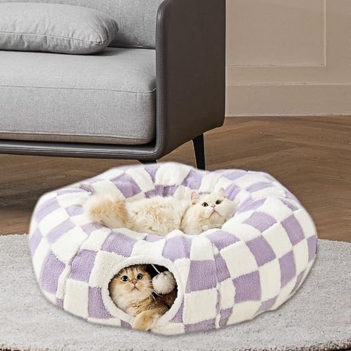 Cat Tunnel Bed with Washable Cushion for Indoor Cat, Donut Cave Tube Toys for Kitten Puppy Rabbit, Purple - color: Purple
