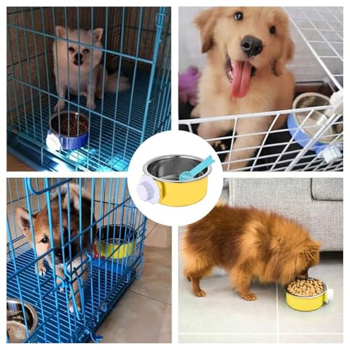Hamiledyi 2-Pack Hanging Dog Bowls with Removable Stainless Steel Feeder - Spill-Proof Crate Bowls for Kennel/Cage, Puppy to Medium Dogs, Cats, Rabbits & Guinea Pigs (Durable Pet Food & Water Dishes) - color: B：Dark blue + Yellow