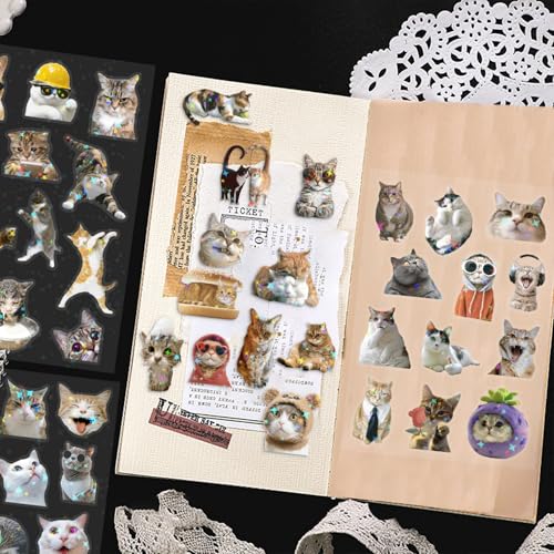 96PCS Holographic Cat Stickers, 8 Sheets Transparent Fun Meme Cat Stickers for Water Bottles Laptop Scrapbook, Cute Kitten Decals for Adults Kids Teens - style: Modern