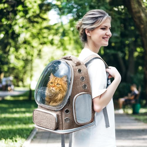 Cat Backpack Carrier Clear Bubble Window for Cats & Small Dogs up to 15 lb | Large Space Breathable Foldable Pet Carrier Airline Approved, Mesh Entry Safety Tether Washable Pad, Travel Hiking Outdoor - color: Brown