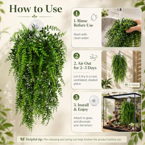 HERCOCCI 2 Pack Reptile Plants, Terrarium Hanging Plants Vines Artificial Leaves Habitat Decorations with Suction Cup for Bearded Dragon Hermit Crab Lizard Snake Geckos Chameleon - color: 2 Pack