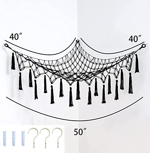 Large Stuffed Animal Net Toy Hammock with Tassel-Corner Hanging Net for Plush Toy Holder Boho Macrame Toy Display,Toy Storage Organizer for Kids Room, Nursery, Bedroom