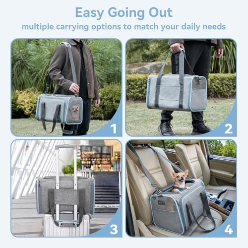 Petsfit Medium Expandable Cat Carrier for Air Travel, Up to 13 lb | 17 x 11 x 11 in; sized for Delta Airlines, with locking zippers, a handy D-ring, large pocket and multi-side ventilation. - color: Light Gray, size: 17.0"L x 11.0"W x 11.0"H