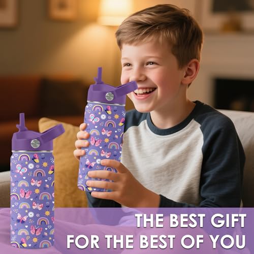 Kids Water Bottle 16oz Purple Water Bottle with Straw, Butterfly (1pc) | Girls Stainless Steel Water Bottle BPA-Free Leak Proof Insulated Water Bottle Butterfly Gifts for Girl School Travel Birthday - color: Butterfly1, size: 16 Ounces