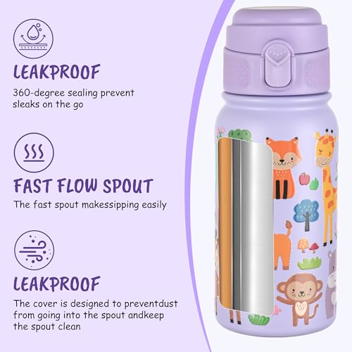 GOPPUS Kids Insulated Water Bottle 12oz, Leakproof Stainless Steel Thermos, BPA Free Double Wall Vacuum Insulated Bottle for School, Travel, Sports & Outdoor Activities, Boys Girls - color: Purple Zoo