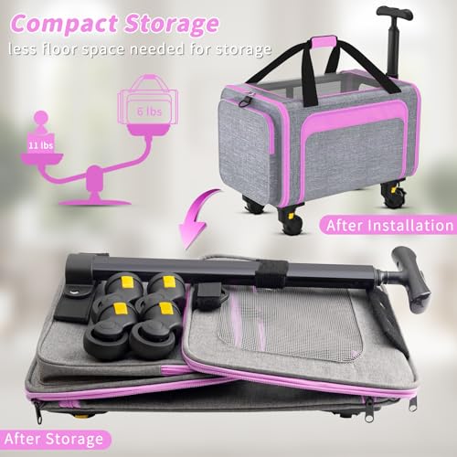 Airline Pet Carrier with Wheels, 18x11x11 for Cats & Toy Dogs | Soft-sided nylon under-seat bag, removable wheels, expandable mesh, cats & toy-breed dogs, measure pet before buying - color: Pink