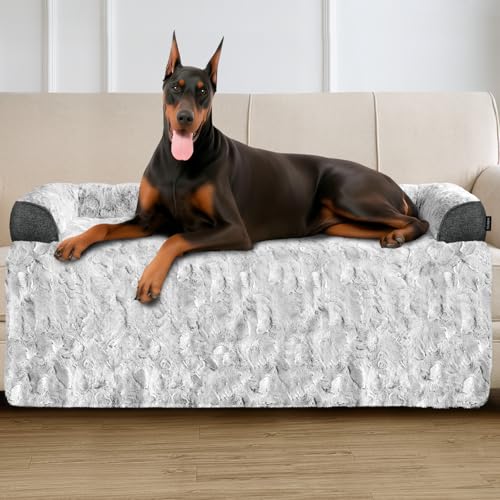 Calming Extra Large Dog Bed for Couch, 53 x 39.3 inch Removable Couch Cover for Dogs Washable, Non-Slip Fluffy Plush Dog Sofa Mat for Furniture Protector - Grey - color: Grey, size: 53"L x 39"W x 5"Th