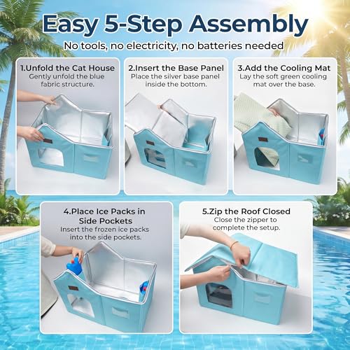 PatiencET Large Cat Cooling House for 2 Small Cats, Indoor Cooling Cat House for Summer, Blue Cat Hideaway Bed with Side Ice Packs, Insulated Foil Lining - size: Large