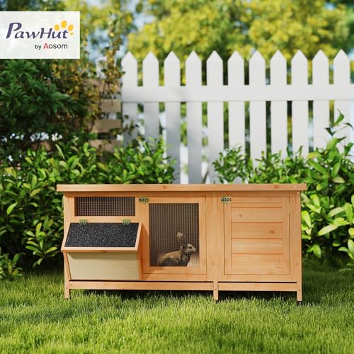 PawHut Wooden Rabbit Hutch Bunny Hutch Cage Guinea Pig with Waterproof Roof, No Leak Tray and Feeding Trough, Indoor/Outdoor, Natural | Bunny Hutch Cage, Guinea Pig, Feeding Trough, for Rabbits, Chickens and Ducks, Indoor/Outdoor - color: Yellow