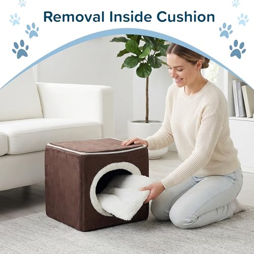 Cat House - Indoor Bed with Removable Foam Cushion - Cat Cave for Puppies, Rabbits, Guinea Pigs, and Other Small Animals by PETMAKER (Dark Brown) 13x13.5x12" - color: Dark Brown