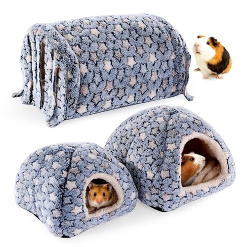 3 Pack Guinea Pig House Accessories, Washable 2 Guinea Pig House and Hideout Tunnel with Curtains, Chinchilla Hideout for Hamster, Rabbit, Bunny, Chinchillas (Blue-Star) - color: Blue-Star