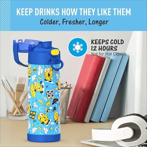 THERMOS FUNTAINER Water Bottle with Spout, 16oz, Minions | Kids Stainless Steel Insulated Water Bottle, Keeps Drinks Cold Longer for School & Play, BPA-Free - color: Minions, size: 16 Ounces
