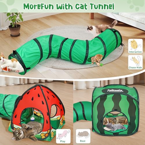 Tailtastic 3-in-1 Watermelon Cat Tunnel with Cube, Tent & Ball for Indoor | 3-way S-tunnel with hide & seek portals & balls, multi-cat cube,30-sec hook-and-loop assembly, foldable for easy storage