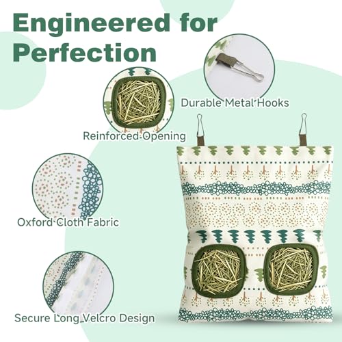 Rabbit Hay Bag 2 Pack - 2 Holes Hanging Bunny Hay Feeder Holder with Metal Hooks, Oxford Cloth Guinea Pig Feeding Bag Storage for Chinchillas Hamsters and Small Animals (White Green) - color: White Green