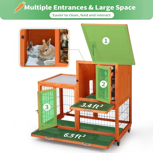 COZIWOW Rabbit Hutch Indoor Outdoor with Wire Floor & Removable Tray Orange | 2-Story Large Wooden Bunny Cage on Wheels, No-Spill Design, Chewproof Ramp for Multiple Small Animals