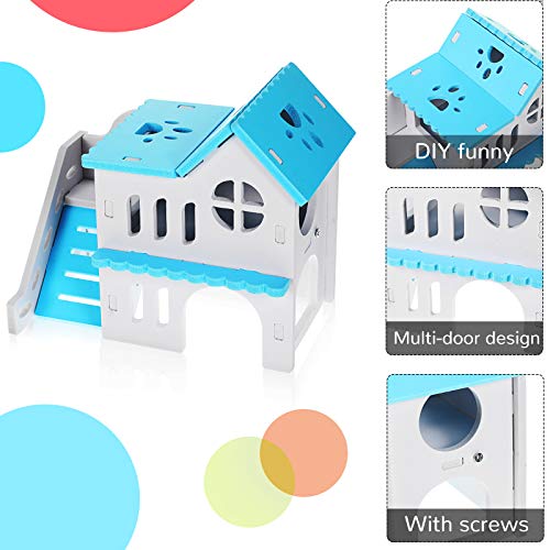 Skylety 5 Pcs Hamster Toys Include Wooden Accessories Hamster House Guinea Pig Hideout Rainbow Bridge Seesaw Swing Exercise Circle Cage Toy for Small Animals(6.3 x 3.93 x 5.5 Inch,Blue) - color: Blue