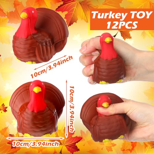 Meooeck 12 Pcs Thanksgiving Turkey Party Favors Cute Animal Squeeze Toys Stress Relief Soft Turkey Fidget Toys for Kids Adults Office Harvest Party Favors Goodie Bag Filler Classroom Reward - color: Brown, style: Turkey