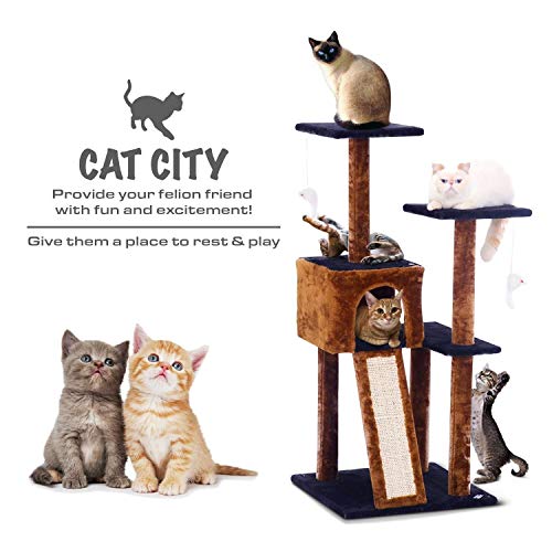 Cat Tree Condo Tower with Scratching Posts - Kitten Perch Furniture Play House, Durable Sisal Wrapped, with Mouse Moving Cat Toy, Climbing Platform - Dark Brown/Blue, 44" x 22" x 22"