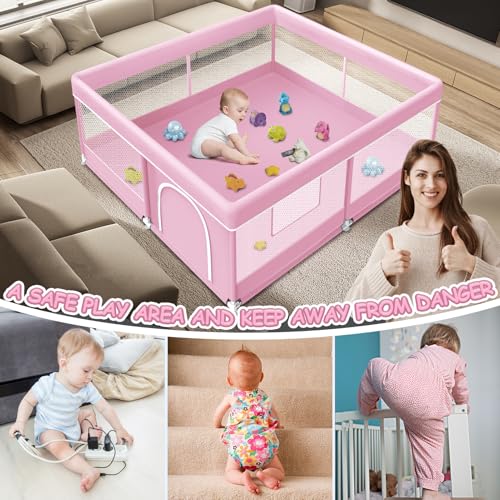 XVISHX Baby Playpen 50 x 50 Inch Play Pen Playards, Playpen for Babies and Toddlers, Baby Playard for Indoor & Outdoor Active Center Game Fence, with Skin-Friendly Fabric and Soft Breathable Mesh Pink - color: Pink, size: 50 × 50 Inch