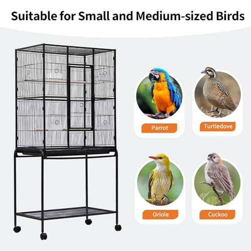 Spacious Flight Bird Cage with Rolling Stand & Storage Shelf - Durable Wrought Iron Parrot Home - Easy Clean, Ideal for Parakeets, Cockatiels, Conures, Lovebirds, Cockatoos - size: 37.2"L x 30.3"W x 4.3"H