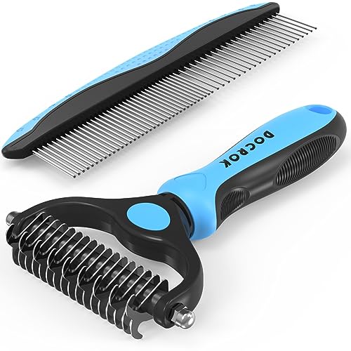 Docrok Pet Grooming Combo - Blue Deshedding Brush with Metal Comb for Detangling and Dematting Long, Matted Fur on Cats and Dogs | Dematting Deshedding Undercoat Rake, Cat Brush Dog Brush Shedding Tool for Long Matted Haired Pets - color: Blue