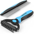 Docrok Pet Grooming Combo - Blue Deshedding Brush with Metal Comb for Detangling and Dematting Long, Matted Fur on Cats and Dogs | Dematting Deshedding Undercoat Rake, Cat Brush Dog Brush Shedding Tool for Long Matted Haired Pets - color: Blue