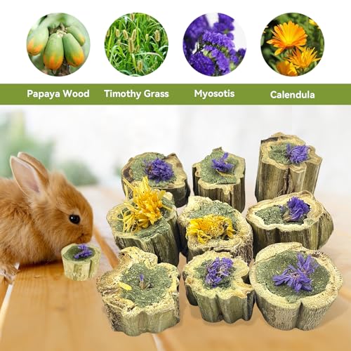 PINVNBY Natural Rabbit Chew Toys, Papaya Wood & Timothy Hay Molar Treats for Bunny Guinea Pig Hamster Chinchilla, Teeth Grinding Snack(3.5oz/100g)