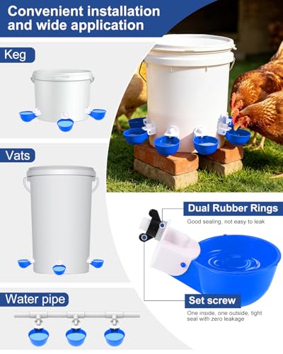 Chicken Waterer Cups (8 Pack) with 3/8" Drill Bit - Blue | Automatic Poultry Drinker Feeder Kit for Chickens, Ducks, Turkeys, Quail, Bunnies | DIY Gravity Fed Bucket Water Dispenser - color: Blue, size: 8 Pack + Drill bit