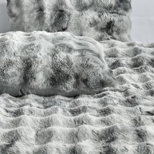 Fredsure Faux Rabbit Fur Comforter Set, 3 Pieces Tie Dye Grey King, Faux Rabbit Fur Face and Microfiber Reverse - color: Tie Dye Grey, size: King
