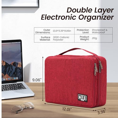 Electronic Organizer Travel Case, Double Layer Cable Organizer Bag | Double-layer design with adjustable dividers, mesh pockets and elastic loops for chargers, cables, power banks and gadgets - color: red
