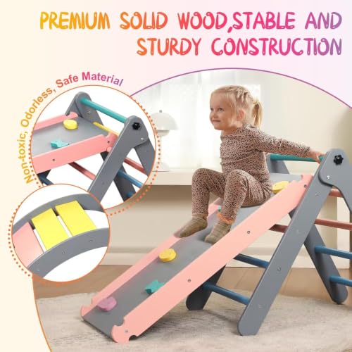 Pikler Triangle Set with Cushion, 7 in 1 Toddler Climbing Toys Indoor | Foldable Space-saving Design, Montessori-inspired Learning, Reversible Slide & Ramp, ASTM F963 Standards for Toddlers 18M-5Y - color: Rainbow With Blue