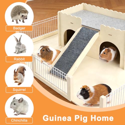 Wooden Guinea Pig Castle, Upgraded Guinea Pig Hideout, Small Pet House with Ramp & 4 Openings, Easy to Assemble for Guinea Pigs, Hamsters, Gerbils & Chinchillas