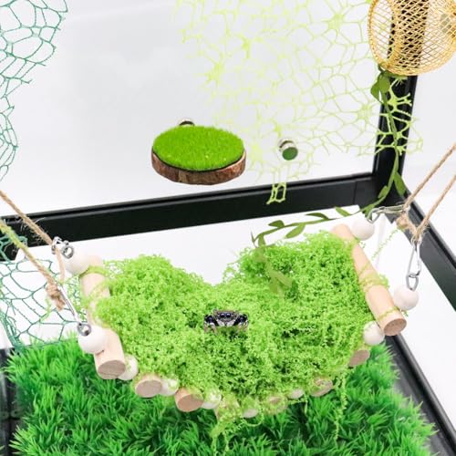 Jumping Spider Enclosure Accessories, Wooden Bridge with 7 Steps and Green Clusters Simulate Moss, Magnetic Jumping Spider Habitat Enclosure Decor
