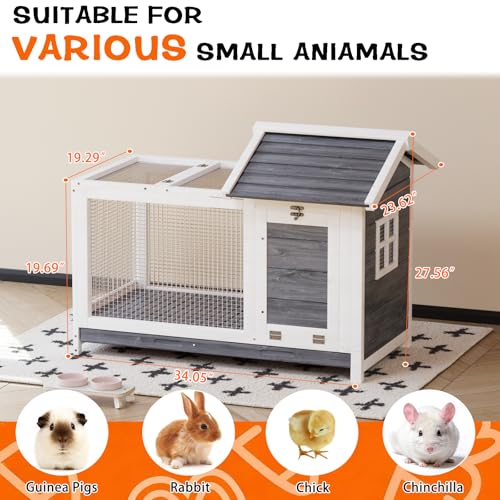 Garvee Wooden Rabbit Hutch Indoor and Outdoor, Rabbit Cage with Removable Wire Netting, Weatherproof Bunny Cage with Anti-Chew Metal Frame Ramp for Small Animals Grey