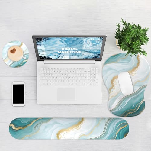Ergonomic Mouse Pad with Wrist Rest and Keyboard Wrist Rest, Gel Mousepad and Wrist Rest for Computer Keyboard, Pain Relief, Non-Slip PU Base, Mouse Pad Wrist Support for Gaming, Blue Green Marble - color: Cyan Marble