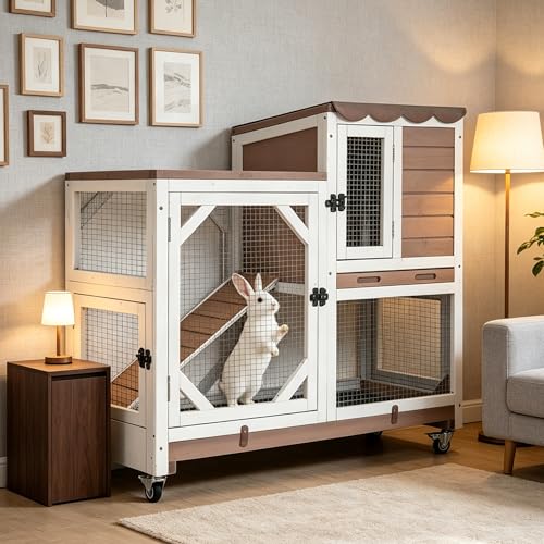 GUTINNEEN Wooden Duplex Rabbit Cage on Wheels with Chew-Proof Ramp, Brown | 4 mobile swivel casters, 2-story design, waterproof rain cover, 5 access doors, 2 sliding trays - color: Brown