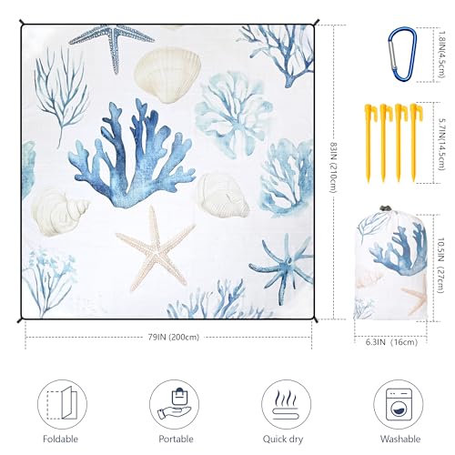 WIWIGO Beach Blanket Mat Waterproof Sandproof for 2-8 Adults Quick Drying | Extra Large, For 2-8 Adults,Windproof, Outdoor Picnic Mat, Beach Accessories Must Have,Gifts, for Travel, Camping, Hiking - color: Sea Creature - Burlap, size: 79" X 83"（1-4person